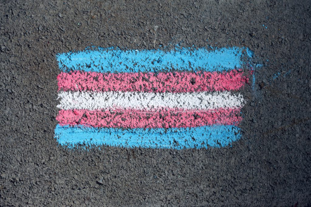 pexels-photo-8275181-8275181 Close-up of a transgender pride flag chalk drawing on rough pavement surface.